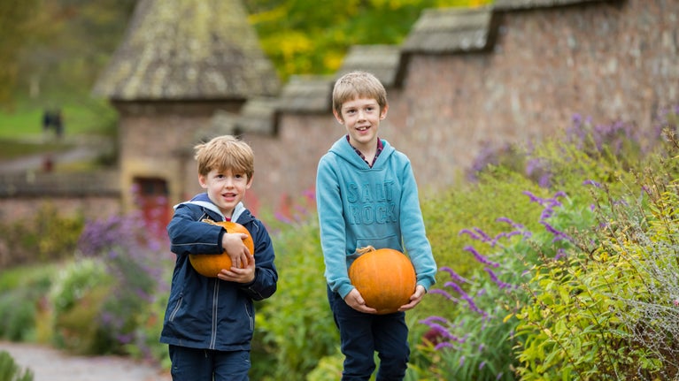 Two children carry pumpkins through a walled garden, next to flowerbeds with autumn colour
